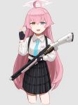  1girl :d absurdres ahoge beretta_1301 black_skirt blue_archive blue_eyes blue_necktie collared_shirt fingerless_gloves gloves grey_background gun hair_between_eyes hair_flaps halo hand_up heterochromia highres holding holding_gun holding_weapon hoshino_(blue_archive) long_hair necktie open_mouth pink_hair pink_halo plaid plaid_skirt rampart1028 shirt shotgun shotgun_shell sidelocks skirt smile solo very_long_hair weapon white_shirt yellow_eyes 