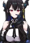  1girl asymmetrical_horns bare_shoulders black_hair blue_hair colored_inner_hair demon_horns gloves hair_ornament highres hololive hololive_english horns jewelry kuro_(be_ok) long_hair looking_at_viewer mole mole_under_eye multicolored_hair nerissa_ravencroft nerissa_ravencroft_(1st_costume) red_eyes ring simple_background smile solo two-tone_hair uneven_horns upper_body very_long_hair virtual_youtuber white_background 