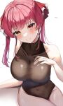  1girl absurdres blush breasts closed_mouth hair_ribbon hand_on_own_chest heterochromia highres hololive houshou_marine large_breasts leotard long_hair looking_at_viewer red_eyes red_hair red_ribbon ribbon scarf_(50464982) smile solo twintails virtual_youtuber white_background yellow_eyes 