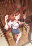  1girl animal_ears antique_phone blush brown_eyes brown_hair casual from_side highres holding holding_phone horse_ears horse_girl horse_tail indoors looking_to_the_side medium_hair multicolored_hair nice_nature_(umamusume) phone red_shirt rotary_phone satomura_kyou shirt shorts slippers solo streaked_hair tail twintails umamusume white_shirt 