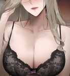  1girl alios_arvin bare_shoulders black_bra blush bra breasts cleavage close-up closed_mouth collarbone eyewear_strap glasses hand_in_own_hair head_out_of_frame large_breasts light_brown_hair lips lipstick long_hair makeup original red_lips solo underwear 