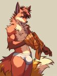  absurd_res anthro balls blader999 bulge canid canine clothed clothing digital_media_(artwork) erection eyebrows fluffy fluffy_tail fox fur genitals hair hi_res light lighting looking_at_viewer male mammal muscular oneshotfox shaded simple_background smile solo underwear undressing 