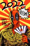  1boy 2022 animal_print bodysuit chinese_zodiac deadpool gloves hand_fan highres holding holding_fan japanese_flag_print looking_at_viewer male_focus marvel mask red_bodysuit red_gloves solo superhero tiger_print uesugi_hikaru year_of_the_tiger 
