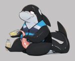 anthro aquatic_kobold blush bottle cetacean clothing container dolphin filling_container fin fish flippers genitals hi_res holding_object holding_penis honeymono male mammal marine oceanic_dolphin orca penis red_eyes shark sitting solo tail tail_fin toothed_whale topwear vest