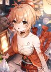  1girl arm_tattoo bag bangs blonde_hair blurry blurry_background breasts chest_sarashi chest_tattoo choker cleavage collarbone commentary_request fish genshin_impact goldfish guzangnanfeng hadanugi_dousa hair_between_eyes hair_ornament highres holding holding_bag japanese_clothes kimono looking_at_viewer medium_breasts medium_hair obi open_mouth orange_kimono plastic_bag ponytail red_choker revision rope sarashi sash shimenawa solo tattoo twitter_username vision_(genshin_impact) yellow_eyes yoimiya_(genshin_impact) 