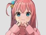  1girl blue_eyes blush bocchi_the_rock! cube_hair_ornament gotou_hitori grey_background hair_cubes hair_ornament jacket long_hair looking_at_viewer maple_(abc2215) one_side_up pink_hair pink_jacket sleeves_past_wrists solo tearing_up track_jacket upper_body 