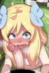 absurd_res accessory apode blonde_hair blue_eyes bow_(feature) bow_accessory bow_ribbon colored_nails draconcopode dropkick_on_my_devil! duo female flustered genitals gynomorph gynomorph/male hair hair_accessory hair_bow hair_ribbon hi_res imminent_oral imminent_sex intersex intersex/intersex intersex/male jashin-chan jashin-chan_dropkick lamia legless male mizumizuni nails open_mouth penile penis penis_on_face reptile ribbons scalie serpentine shocked_expression snake split_form third-party_edit tongue uncensored