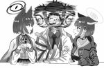  1boy 2girls afterimage animal_ears blue_archive blush cat_ears cat_tail commentary_request doodle_sensei_(blue_archive) girl_sandwich greyscale halo highres hood hooded_jacket jacket kazuri_(keiwa-san_yu-ki380) kazusa_(blue_archive) kikyou_(blue_archive) locked_arms meme monochrome motion_blur motion_lines multiple_girls paper_on_head parody profile sandwiched school_uniform sensei_(blue_archive) serafuku short_hair tail tail_wrap the_weaker_sex_1_(gibson) v-shaped_eyebrows 