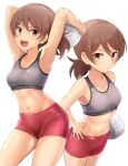  1girl abs arms_behind_head arms_up ball breasts brown_eyes brown_hair closed_mouth collarbone commission girls_und_panzer grey_sports_bra hand_on_own_hip highres holding holding_ball kawanishi_shinobu kitayama_miuki medium_breasts navel open_mouth short_hair simple_background skeb_commission smile solo sports_bra teeth upper_teeth_only volleyball white_background 
