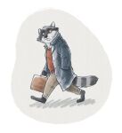 2024 anthro biped black_nose bottomwear briefcase clothing fur grey_body grey_fur hi_res mammal pants procyonid raccoon rayfkm shirt simple_background solo topwear walking