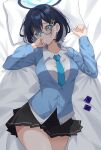  1girl bed_sheet black_hair black_skirt blue-framed_eyewear blue_archive blue_cardigan blue_halo blue_necktie blush breasts cardigan chihiro_(blue_archive) collared_shirt condom condom_wrapper cowboy_shot glasses green_eyes hair_ornament halo highres large_breasts long_sleeves necktie pillow pleated_skirt raimu_(clanberry000) shirt short_hair skirt solo white_shirt 