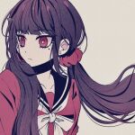  1girl black_sailor_collar blunt_bangs brown_hair danganronpa_(series) danganronpa_v3:_killing_harmony earrings hair_ornament hair_scrunchie highres jewelry long_hair long_sleeves low_twintails mole mole_under_eye red_eyes red_scrunchie red_shirt sailor_collar satori_(aosky9077) scrunchie shirt solo twintails 