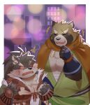  2022 absurd_res amidasuke anthro blush brown_body canid canine canis clothed clothing domestic_dog duo gyobu hi_res humanoid_hands kemono lifewonders male mammal overweight overweight_male raccoon_dog scar shino_(housamo) tanuki tokyo_afterschool_summoners video_games 