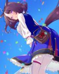  1girl :3 ahoge animal_ears blue_ribbon breasts brown_hair from_below from_side highres horse_ears horse_girl large_breasts looking_at_viewer looking_down meisho_doto_(umamusume) multicolored_hair open_mouth purple_eyes quatraise ribbon short_hair solo twitter_username two-tone_hair umamusume white_hair 