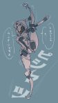  1girl abyuramu_yukidaruma android apex_legends ash_(titanfall_2) black_sclera blue_background colored_sclera highres hood hood_up looking_to_the_side metal_skin open_hand robot simulacrum_(titanfall) solo speech_bubble split standing standing_on_one_leg standing_split translation_request yellow_eyes 