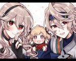  1boy 2girls :d akagi_(ruby-laced_beauty)_(azur_lane) bangs black_gloves black_hairband blonde_hair blue_headband brother_and_sister corrin_(fire_emblem) corrin_(fire_emblem)_(female) corrin_(fire_emblem)_(male) drill_hair elise_(fire_emblem) finger_to_mouth fingerless_gloves fire_emblem fire_emblem_fates fire_emblem_heroes gloves grey_hair hair_ribbon hairband headband highres holding_shuriken long_hair misato_hao multiple_girls ninja official_alternate_costume open_mouth parted_bangs red_eyes red_scarf ribbon scarf shuriken siblings sisters smile upper_body watermark weapon 