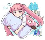  &gt;_&lt; 1girl blush commentary_request eyelashes fire_emblem fire_emblem:_three_houses highres hilda_valentine_goneril holding holding_pillow kutabireta_neko long_hair pillow pink_eyes pink_hair pokemon pokemon_(creature) simple_background stufful tree twintails white_background 