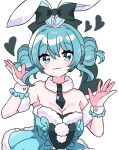  1girl :3 amani_wako animal_ears bare_shoulders bicute_bunnies_miku black_bow black_necktie blue_dress blue_eyes blue_hair blush bow breasts double_bun dress fur-trimmed_dress fur_trim hair_bun hatsune_miku heart highres looking_at_viewer medium_breasts necktie open_hands rabbit_ears simple_background smile solo strapless strapless_dress tied_ears vocaloid white_background wrist_cuffs 