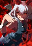  1girl curled_horns grin highres horns looking_at_viewer meandros red_eyes red_horns red_sleeves sharp_teeth short_hair smile solo teeth touhou toutetsu_yuuma upper_body urizaku3 v-shaped_eyebrows white_hair 