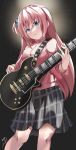  1girl absurdres bangs blue_eyes bocchi_the_rock! breasts closed_mouth cube_hair_ornament electric_guitar gibson_les_paul gotou_hitori grey_skirt guitar hair_between_eyes hair_ornament high_collar highres instrument jacket long_hair looking_at_viewer medium_breasts music pink_hair pink_jacket plaid plaid_skirt playing_instrument pleated_skirt saabyboi skirt solo tearing_up track_jacket 