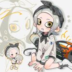  1girl :o black_bow black_hairband black_shorts boots bow bow_hairband chibi chibi_inset commentary cross-laced_footwear dot_nose full_body grey_hair grey_trim hair_bow hairband hg_swdiary highres looking_at_viewer medium_hair octoling octoling_girl octoling_player_character octopus range_blaster_(splatoon) shirt short_shorts shorts sitting splatoon_(series) splatoon_3 symbol-only_commentary tentacle_hair wariza white_background white_footwear white_shirt yellow_eyes zoom_layer 
