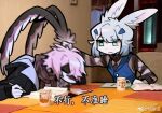 anthro book chinese_text draw_over duo female furniture humor kemono lagomorph leporid mammal meme open_mouth photo_background photography_(artwork) rabbit reptile scalie snake table text translated zhang_gun