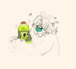 2022 anthro beverage bottle bugsnax claws container digital_media_(artwork) eyewear fan_character front_view fur gatorade glasses green_liquid green_nose grumpus hair half-closed_eyes heart_symbol holding_beverage holding_object looking_at_object narrowed_eyes nonbinary_(lore) shaibey shaibey_(shaibey) sketch smile solo teeth young_horses