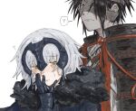  1boy 1girl ? armor bandaged_head bandages black_hair chiemon_(fate) closed_mouth fate/samurai_remnant fate_(series) fur_trim hand_to_own_mouth headpiece highres japanese_armor japanese_clothes jeanne_d&#039;arc_alter_(fate) jeanne_d&#039;arc_alter_(lancer)_(fate) light_blush looking_at_another looking_down one_eye_covered ruda_(ruda_0616_tfj) short_hair shoulder_armor simple_background sode spoken_question_mark sweat upper_body white_background white_hair yellow_eyes 