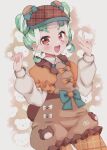  1girl :d animal_print bear_hat bear_print bear_tail blue_bow blunt_bangs bow brown_shirt cabbie_hat chii_(chi_pppuri) chimumu collared_shirt commentary_request cowboy_shot double_bun green_hair hair_bun hands_up hat highres long_sleeves looking_at_viewer multicolored_hair open_mouth orange_bow pantyhose pretty_series red_eyes shirt short_hair sidelocks smile solo standing star_sticker sticker_on_face streaked_hair tail w waccha_primagi! white_hair 