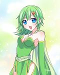  1girl aged_up blue_eyes breasts cape detached_sleeves final_fantasy final_fantasy_iv green_hair hair_ornament jewelry long_hair looking_at_viewer open_mouth ouba_reiya rydia_(ff4) smile solo thighhighs 