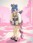  1girl amanozako_(megami_tensei) blue_hair center-flap_bangs closed_mouth commentary_request domosansan frown full_body geta highres pink_background pointy_ears sad shin_megami_tensei shin_megami_tensei_v short_hair solo standing toes wings yellow_eyes 
