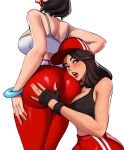  2girls arm_at_side ass ass_focus ass_grab ass_worship bangle baseball_cap belt black_choker black_hair black_sports_bra blush bracelet breasts brown_hair choker cleavage commentary denim earrings english_commentary evie_(fortnite) face_in_ass fingerless_gloves fortnite from_behind gloves grabbing_another&#039;s_ass groping hat head_out_of_frame highres hoop_earrings huge_ass jeans jewelry large_breasts lipstick long_hair looking_to_the_side magaska19 makeup multiple_girls pants red_headwear red_lips red_pants ruby_(fortnite) short_hair solo_focus sports_bra white_background white_belt white_sports_bra yoga_pants yuri 