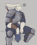 2024 andrew_(casloafy) anthro armor biped breastplate casloafy clothed clothing digital_media_(artwork) fully_clothed fur hi_res lagomorph leporid male mammal rabbit shoulder_pads simple_background sitting solo white_body white_fur