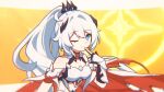  1girl armor bare_shoulders blue_eyes breastplate closed_mouth collarbone crown detached_sleeves gauntlets hand_up high_ponytail highres honkai_(series) honkai_impact_3rd kiana_kaslana kiana_kaslana_(herrscher_of_flamescion) long_hair looking_at_viewer one_eye_closed smile solo very_long_hair white_armor white_hair xiaohutu yellow_background 