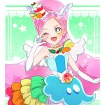  1girl animal_ears bare_shoulders berry blush choker commentary cure_parfait dress earrings elbow_gloves food food-themed_hair_ornament fruit gloves hair_ornament headband highres horse_ears jewelry kirahoshi_ciel kirakira_precure_a_la_mode kiwi_(fruit) leaf lemon long_hair looking_at_viewer multicolored_eyes orange_(fruit) parfait pearl_choker pearl_earrings pink_hair ponytail precure solo sparkle sparkling_eyes star_(symbol) strapless strapless_dress tail tanshi_tanshi white_gloves white_tail white_wings wings 