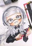  1girl :d absurdres artist_name boruboruwo carbon_roller_(splatoon) commentary cropped_torso grey_eyes grey_hair headphones highres holding holding_weapon inkling inkling_girl inkling_player_character long_hair looking_at_viewer pointy_ears smile solo splatoon_(series) splatoon_3 symbol-only_commentary tentacle_hair translation_request twitter_username upper_body v-shaped_eyebrows watermark weapon white_background 