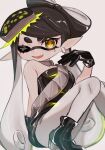  1girl bare_shoulders black_dress black_footwear black_gloves black_hair bow-shaped_hair callie_(splatoon) commentary_request cross-shaped_pupils dress earrings fangs food food_on_head gloves grey_pantyhose high_heels highres inkling jewelry long_hair looking_at_viewer mole mole_under_eye object_on_head one_eye_closed open_mouth pantyhose pointy_ears simple_background sitting smile solo splatoon_(series) splatoon_1 strapless strapless_dress sushi symbol-shaped_pupils tentacle_hair thick_eyebrows vmux3442 white_background yellow_eyes yellow_pupils 