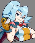  1girl alternate_color blue_eyes blue_hair bodysuit breasts clair_(pokemon) dopelenny earrings gloves grey_background highres holding holding_poke_ball jewelry orange_gloves poke_ball pokemon pokemon_masters_ex ponytail signature solo ultra_ball 