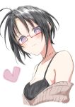  1girl :3 antenna_hair bare_shoulders black_bra black_hair bra breasts cleavage colored_pencil_(medium) glasses highres looking_at_viewer megusuri_kusuri original pink_sweater purple_hair red-framed_eyewear semi-rimless_eyewear short_hair simple_background solo sweater traditional_media underwear upper_body white_background 