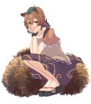  1girl animal_ears aoko_(myut7287) blush brown_eyes brown_hair brown_shirt brown_skirt brown_wrist_cuffs closed_mouth full_body futatsuiwa_mamizou geta hand_on_own_face highres leaf leaf_on_head raccoon_ears raccoon_girl raccoon_tail round_eyewear sand shirt short_hair short_sleeves simple_background skirt smile solo squatting tail toes touhou white_background 