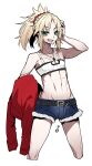  1boy abs androgynous arrow_(symbol) bandeau belt belt_buckle black_belt blonde_hair blue_shorts buckle bulge covered_nipples cowboy_shot cutoffs denim denim_shorts fate/apocrypha fate_(series) genderswap genderswap_(ftm) green_eyes hair_ornament hair_scrunchie hand_on_own_head hand_up haoro highres holding holding_clothes holding_jacket jacket jewelry male_focus mars_symbol medium_hair micro_shorts mordred_(fate) mordred_(fate/apocrypha) mordred_(memories_at_trifas)_(fate) necklace open_mouth parted_bangs pendant ponytail red_jacket red_scrunchie scrunchie short_shorts shorts sidelocks simple_background solo strapless teeth toned toned_male tube_top unworn_jacket upper_teeth_only white_background white_bandeau 