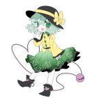  blush bow buttons diamond_button green_hair green_skirt hat hat_bow hat_ribbon heart heart_of_string highres komeiji_koishi m24_chair open_mouth ribbon shirt skirt solo third_eye touhou white_background yellow_bow yellow_ribbon yellow_shirt 