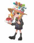  1girl black_footwear black_socks blue_skirt cake candle closed_mouth commentary food food-themed_hat_ornament fruit full_body hat hat_ornament highres holding holding_plate long_hair miko_(15476997) multicolored_clothes multicolored_headwear octoling octoling_girl octoling_player_character one_eye_closed plate pleated_skirt shoes simple_background skirt smile socks solo splatoon_(series) splatoon_3 standing strawberry symbol-only_commentary tentacle_hair white_background 