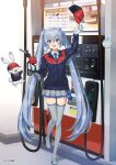  1girl :d animal arm_up bangs blue_eyes blue_hair blue_headwear blue_jacket blue_necktie boots collared_shirt commentary earmuffs full_body gas_pump gas_pump_nozzle gas_station grey_footwear grey_skirt hair_ornament hat hatsune_miku headset highres holding holding_clothes holding_hat jacket light_blue_hair long_hair looking_at_viewer multicolored_clothes multicolored_jacket necktie official_art open_mouth rabbit rabbit_yukine red_headwear red_jacket shirt skirt smile taranboman teeth thigh_boots twintails two-tone_headwear two-tone_jacket upper_teeth very_long_hair vocaloid white_mittens white_shirt yuki_miku yuki_miku_(2011) 