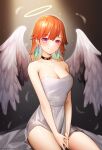  1girl absurdres alternate_costume angel_wings bare_shoulders breasts choker cleavage earrings feather_earrings feathers gradient_hair halo highres hololive hololive_english jewelry looking_at_viewer multicolored_hair orange_hair purple_eyes signature smile solo takanashi_kiara tungsten_(kwfr4544) virtual_youtuber wings 