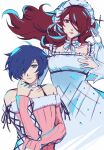  1boy 1girl absurdres armor bare_shoulders blue_hair cosplay crossdressing dress hair_over_eyes highres kickthat_can kirijou_mitsuru off-shoulder_sweater off_shoulder persona persona_3 short_hair sweater takeba_yukari takeba_yukari_(cosplay) white_dress yoshino_chidori yuuki_makoto_(persona_3) 