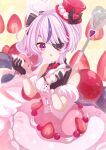  1girl absurdres ahoge back_bow blush bow cake center_frills commentary dress eyepatch food food-themed_clothes frills fruit gloves hat heart heart_ahoge highres holding holding_food maria_marionette mini_hat mini_top_hat multicolored_hair nijisanji nijisanji_en open_mouth pink_hair purple_eyes purple_hair side_ponytail sleeveless sleeveless_dress solo strawberry streaked_hair top_hat usari_sk virtual_youtuber white_hair 