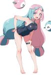  1girl barefoot bent_over black_one-piece_swimsuit bow-shaped_hair breasts full_body highres iono_(pokemon) kamidan long_hair looking_at_viewer low-tied_long_hair medium_breasts multicolored_hair one-piece_swimsuit open_mouth pink_hair pokemon pokemon_sv sharp_teeth sleeveless smile solo split-color_hair swimsuit teeth two-tone_hair white_background 