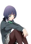  1girl asaka_karin bangs blazer blue_hair blunt_bangs brown_pantyhose closed_mouth collared_shirt eyebrows_hidden_by_hair green_eyes green_ribbon grey_skirt highres jacket long_hair long_sleeves love_live! love_live!_nijigasaki_high_school_idol_club miniskirt neck_ribbon nijigasaki_academy_school_uniform nishiuri_warito pantyhose plaid plaid_skirt pleated_skirt ribbon school_uniform shirt simple_background sitting skirt smile solo straight_hair white_background white_shirt wing_collar 