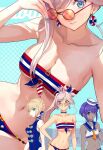  3girls :d ahoge artoria_pendragon_(fate) bikini blonde_hair braid breasts breasts_day choker dark-skinned_female dark_skin fate/grand_order fate/prototype fate/stay_night fate_(series) hassan_of_serenity_(fate) hat innertube innertube_earrings midriff miyamoto_musashi_(fate) multiple_girls navel nishimura_eri one-piece_swimsuit one_eye_closed pink_hair ponytail purple_hair sailor_bikini sailor_collar sailor_hat smile sunglasses swimsuit 